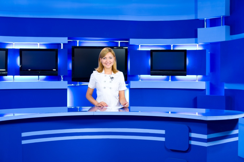 television anchorwoman at TV studio